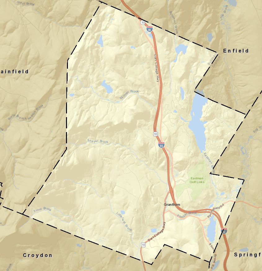 Topographic map of Grantham showing a large, irregular polygon outlined in dashed black lines