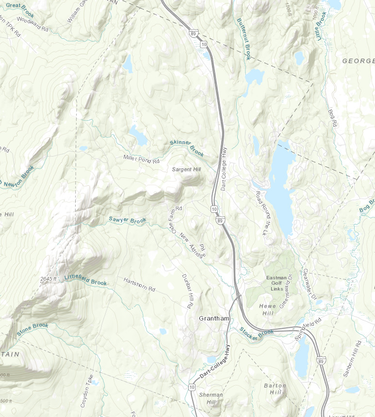 Topographic map of Grantham showing a large, irregular polygon outlined in gray dashed lines. 