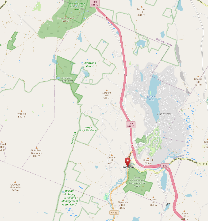 Political map of Grantham showing a large, irregular polygon outlined in a faint dashed line