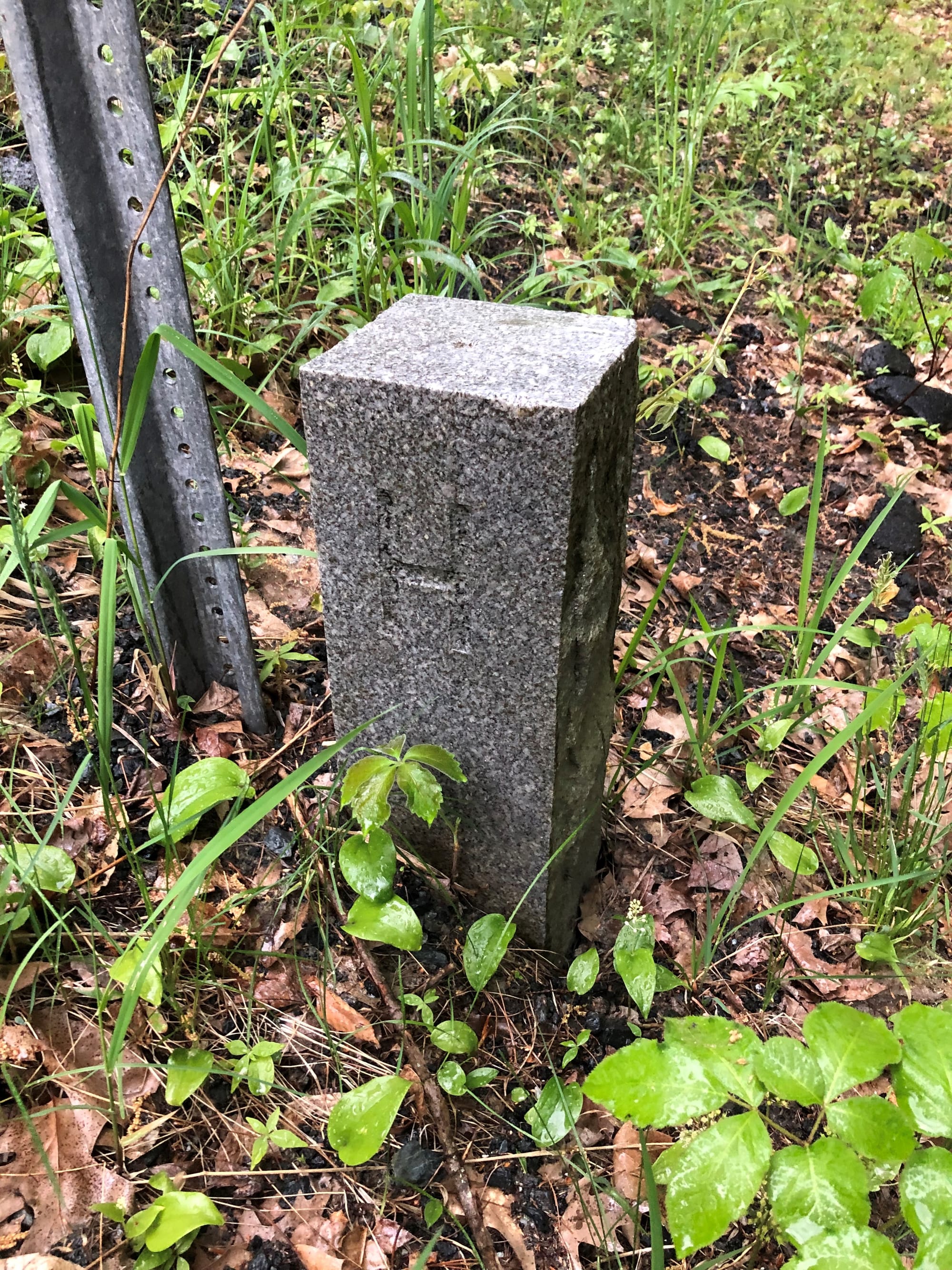 A simple granite marker, square, approximately 1 foot tall and 4" wide, with a prominent "H" engraved on one side